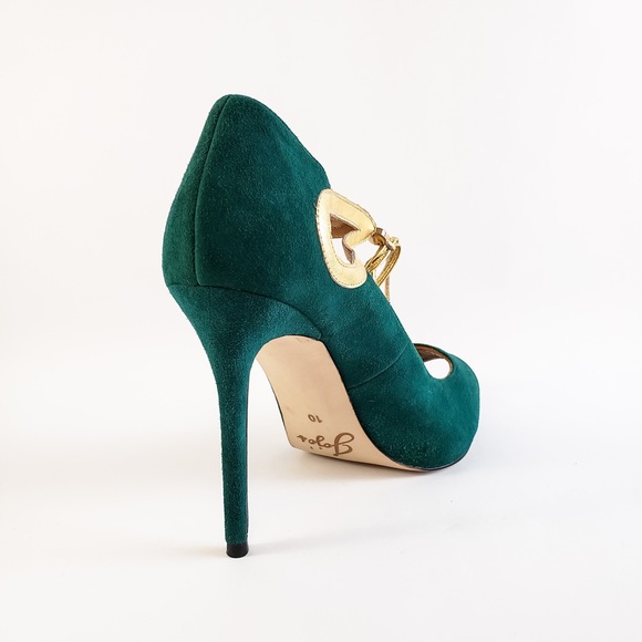 Green open toe pumps / heels with gold bow ties - Picture 3 of 4
